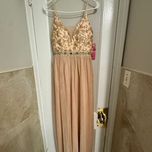 Beaded Embroidered V-Neck Blush Evening Gown